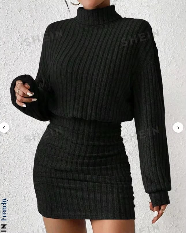 Black ribbed turtleneck midi jumper dress, long sleeves, textured knit — view 5 — view 7