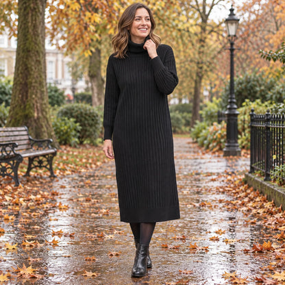 Women's Turtleneck Straight Knit Midi Jumper Dress in Black, worn by a happy model UK autumn setting
