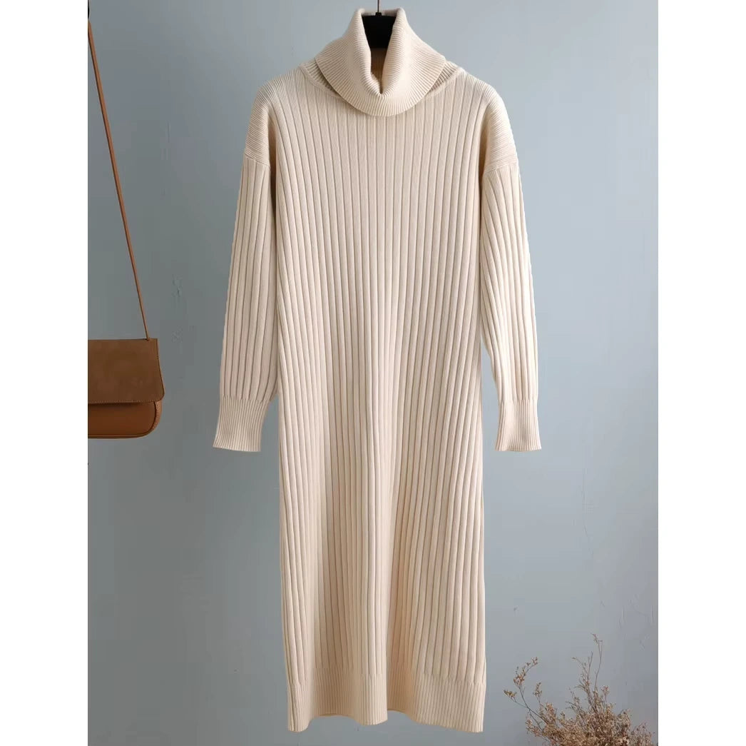 Cream turtleneck straight knit midi jumper dress hanging against a light background — view 7 — view 12