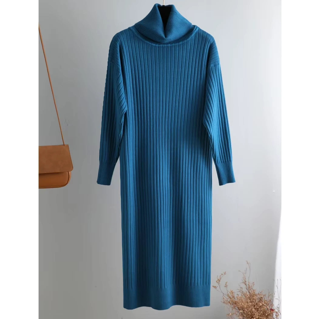 Blue turtleneck midi jumper dress with ribbed knit design, hanging on a white background — view 8 — view 13