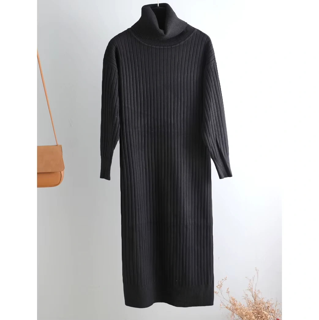 Black turtleneck straight knit midi jumper dress hanging against a light background — view 9 — view 14