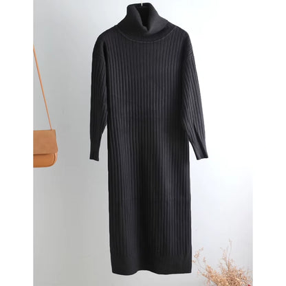 Black turtleneck straight knit midi jumper dress hanging against a light background — view 9 — view 14