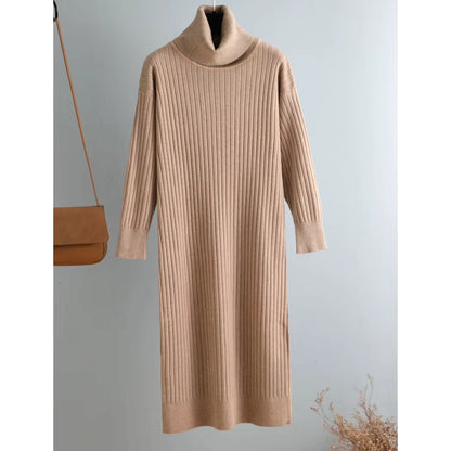 Beige turtleneck straight knit midi jumper dress hanging against a light background — view 11 — view 16