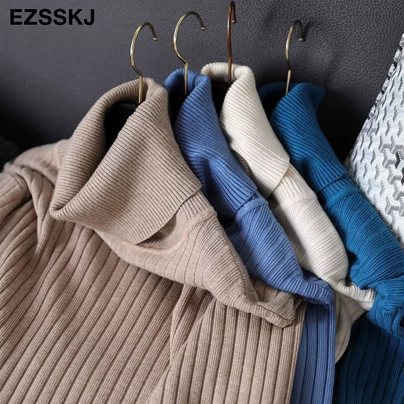 Turtleneck straight knit midi jumper dress in beige, blue, and cream on hangers — view 14 — view 19
