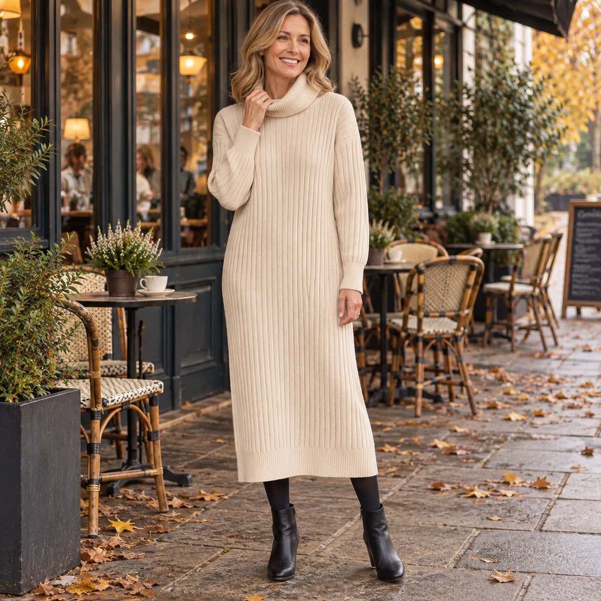 Women's Turtleneck Straight Knit Midi Jumper Dress in Beige, worn by a happy model UK autumn setting — view 2