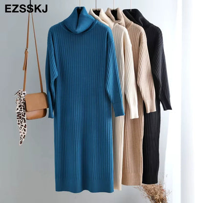 Midi jumper dress — A collection of women's turtleneck straight knit dresses in blue, beige, and black — view 23 — view 28