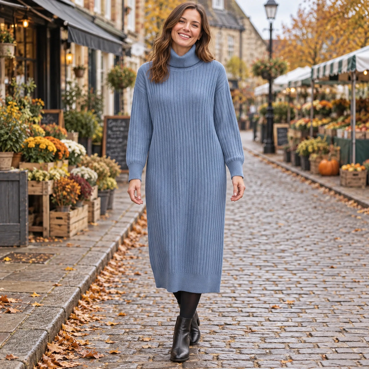 Women's Turtleneck Straight Knit Midi Jumper Dress in Blue Grey, worn by a happy model UK autumn setting — view 3