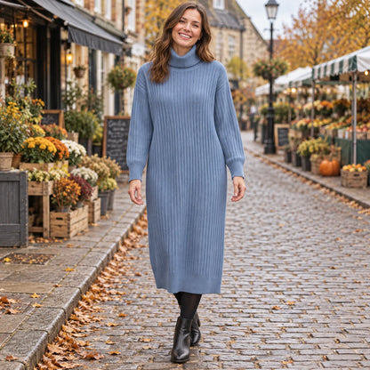 Women's Turtleneck Straight Knit Midi Jumper Dress in Blue Grey, worn by a happy model UK autumn setting — view 3