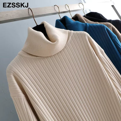 Cream turtleneck straight knit midi jumper dress on hangers, close up view — 25 — view 30