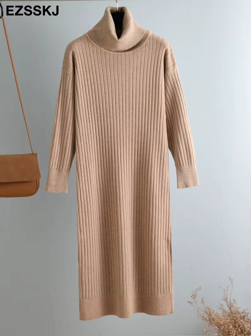 Beige turtleneck straight knit midi jumper dress hanging against a light background — view 26 — view 31