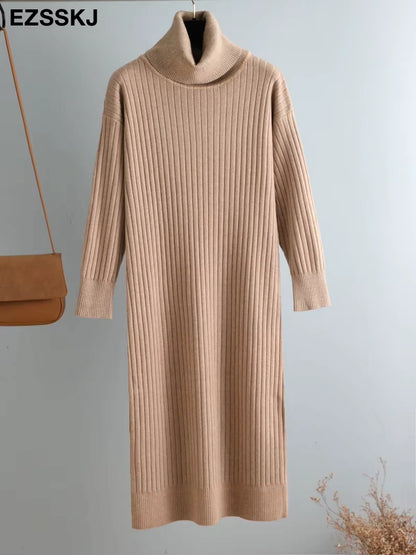 Beige turtleneck straight knit midi jumper dress hanging against a light background — view 26 — view 31