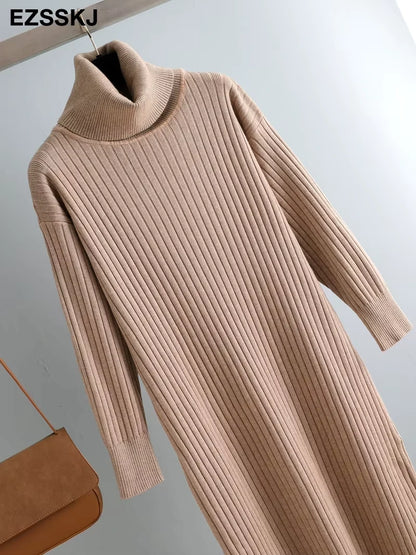 Beige turtleneck straight knit midi jumper dress on hanger, showcasing ribbed texture and long sleeves — view 27 — view 32