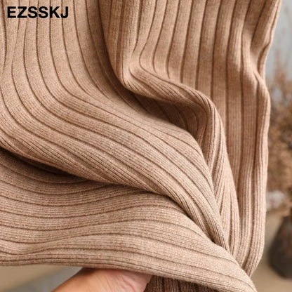 Beige ribbed knit fabric detail of women's turtleneck midi jumper dress — view 31 — view 36