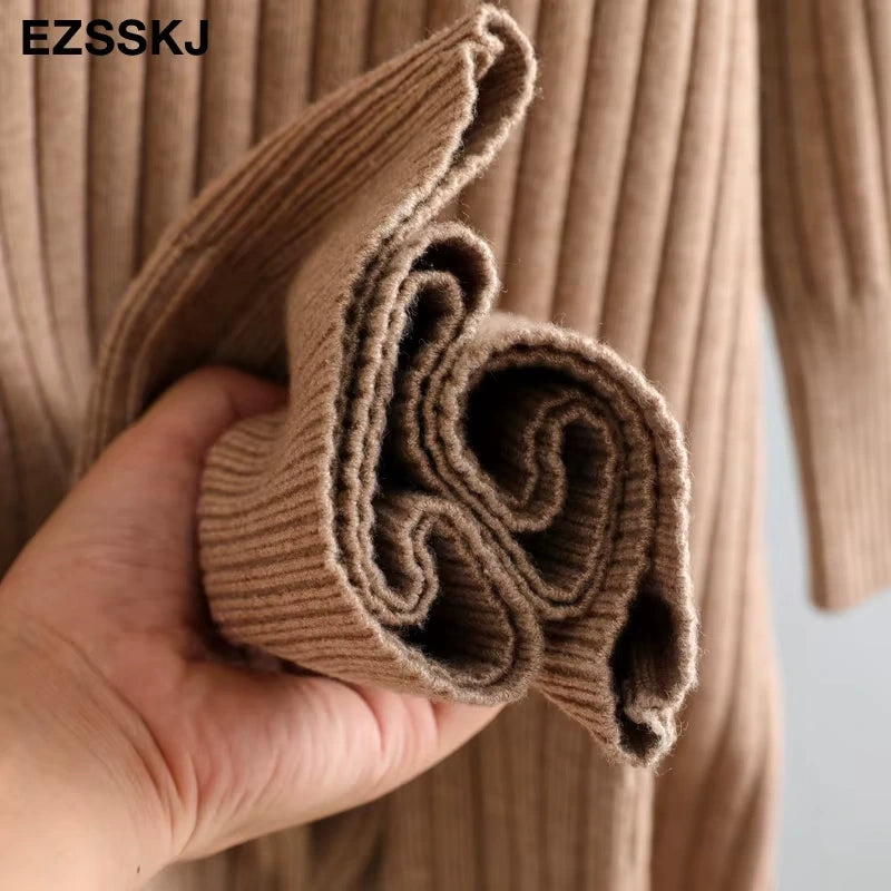 Brown straight knit midi jumper dress with ribbed texture, close up view of fabric detail — 32 — view 37