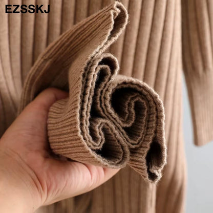 Brown straight knit midi jumper dress with ribbed texture, close up view of fabric detail — 32 — view 37