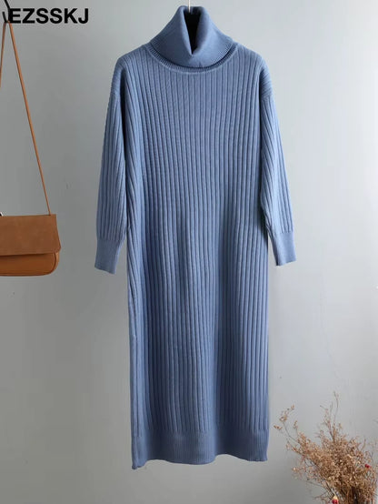 Blue turtleneck straight knit midi jumper dress hanging on a hanger — view 33 — view 38