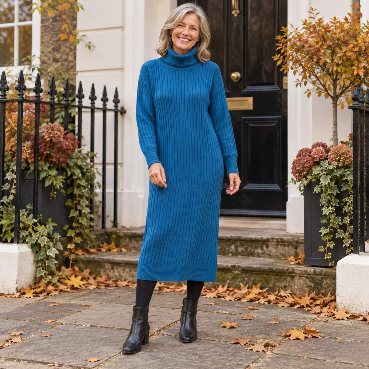 Women's Turtleneck Straight Knit Midi Jumper Dress in Blue, worn by a happy model UK autumn setting — view 4