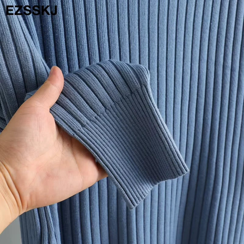Blue straight knit turtleneck midi jumper dress fabric detail, close up view — 35 — view 40