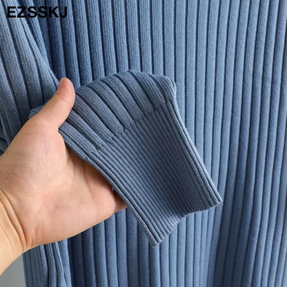 Blue straight knit turtleneck midi jumper dress fabric detail, close up view — 35 — view 40