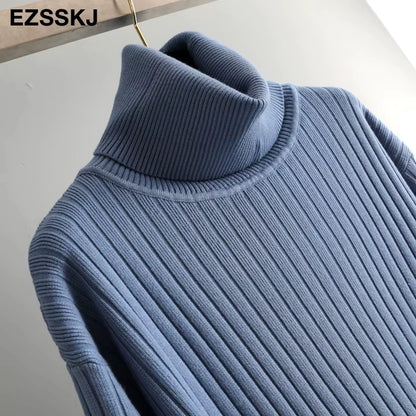 Blue turtleneck straight knit midi jumper dress, close up of ribbed texture — view 36 — view 41