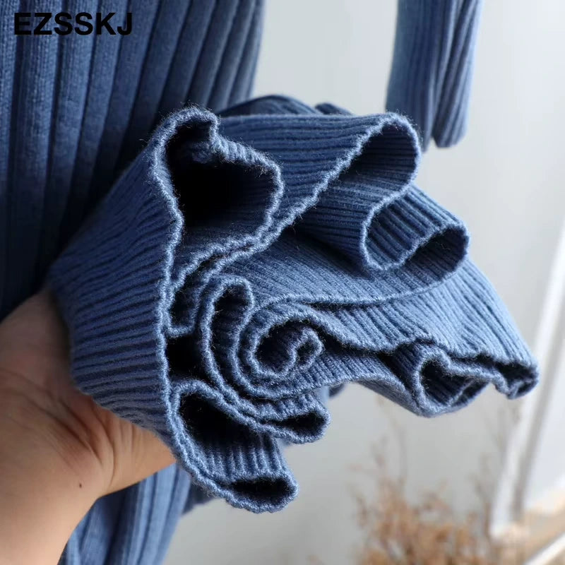 Blue straight knit midi jumper dress with ribbed texture, close up of fabric details — view 37 — view 42