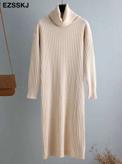 Cream turtleneck straight knit midi jumper dress hanging on a hanger — view 39 — view 44