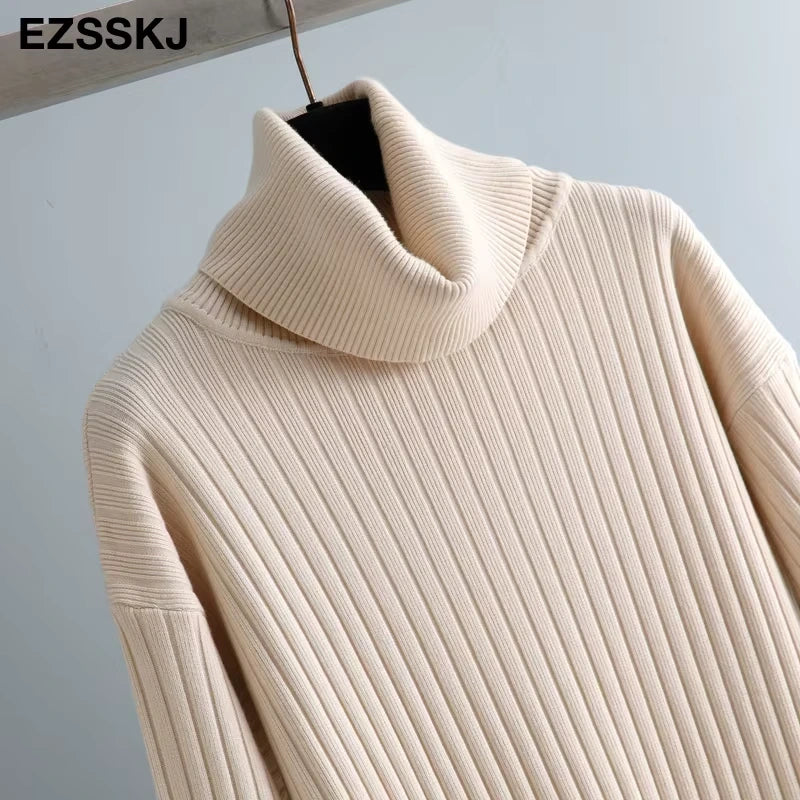 Cream turtleneck straight knit midi jumper dress hanging on a wooden hanger — view 41 — view 46