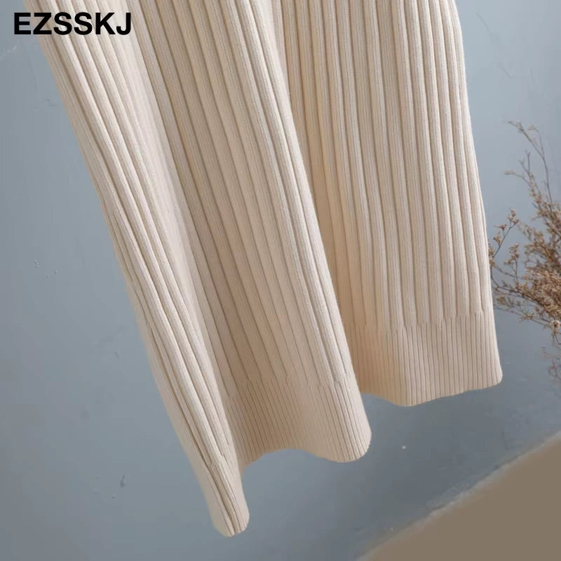 Cream straight knit midi jumper dress with ribbed texture, close up view — 42 — view 47