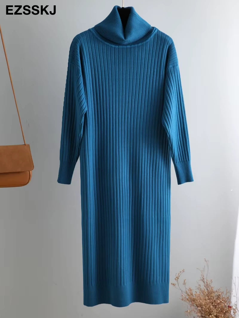 Blue straight knit midi jumper dress with turtleneck, hanging on display — view 45 — view 50