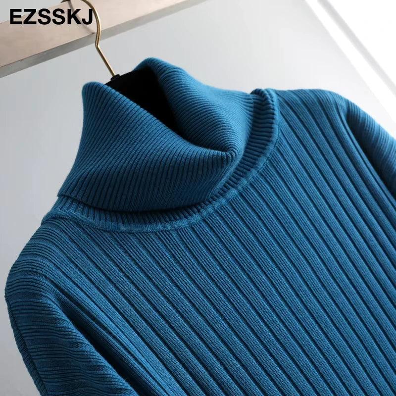 Blue ribbed turtleneck midi jumper dress on hanger, close up view — 47 — view 52