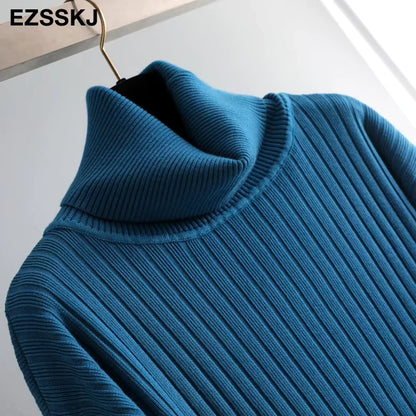Blue ribbed turtleneck midi jumper dress on hanger, close up view — 47 — view 52