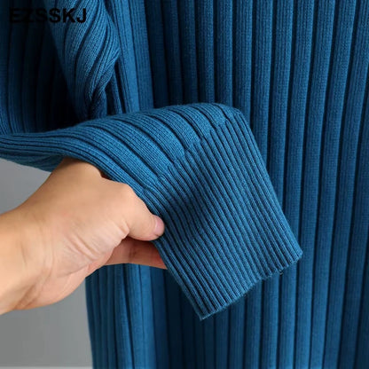 Blue straight knit sleeve detail of women's turtleneck midi jumper dress — view 48 — view 53
