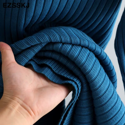 Ribbed blue knit fabric of a women's turtleneck midi jumper dress, close up view — 49 — view 54