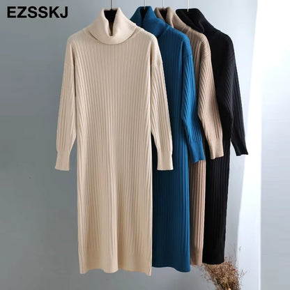 Midi jumper dress — Beige, blue, brown, and black turtleneck dresses hanging on a rack — view 6