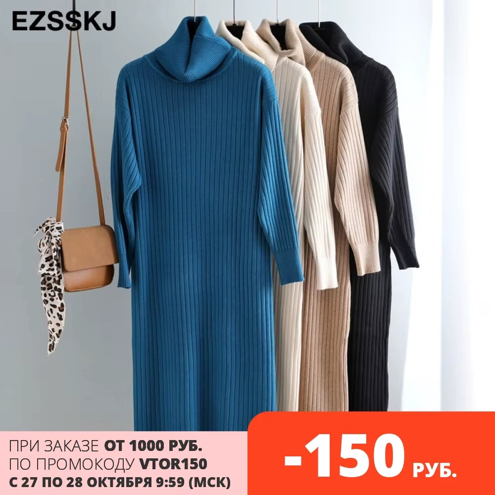 Midi jumper dress — Four women's turtleneck straight knit dresses in various colours hanging on a rack — view 2 — view 7