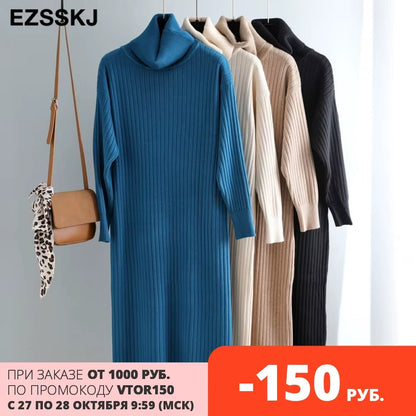 Midi jumper dress — Four women's turtleneck straight knit dresses in various colours hanging on a rack — view 2 — view 7