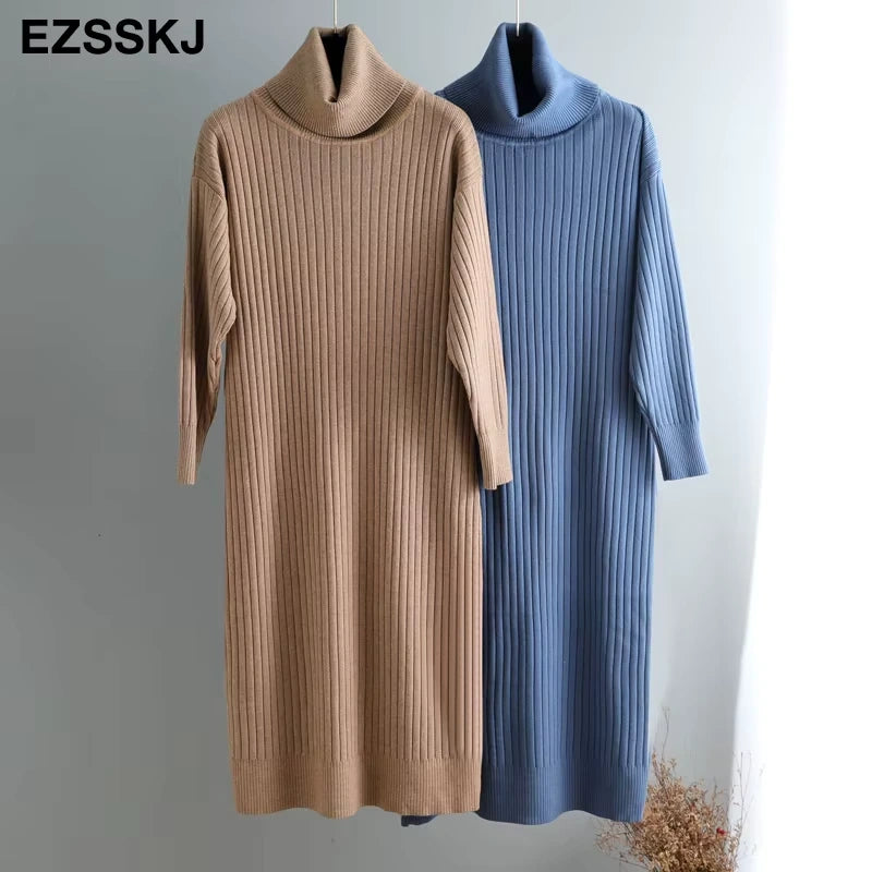 Midi jumper dress — Two women's turtleneck dresses, one in beige and blue, hanging side — view 4 — view 9