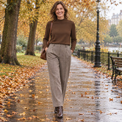 Women's V Neck Velvet Midi Jumper Dress in Brown Basic, worn by a happy model UK autumn setting