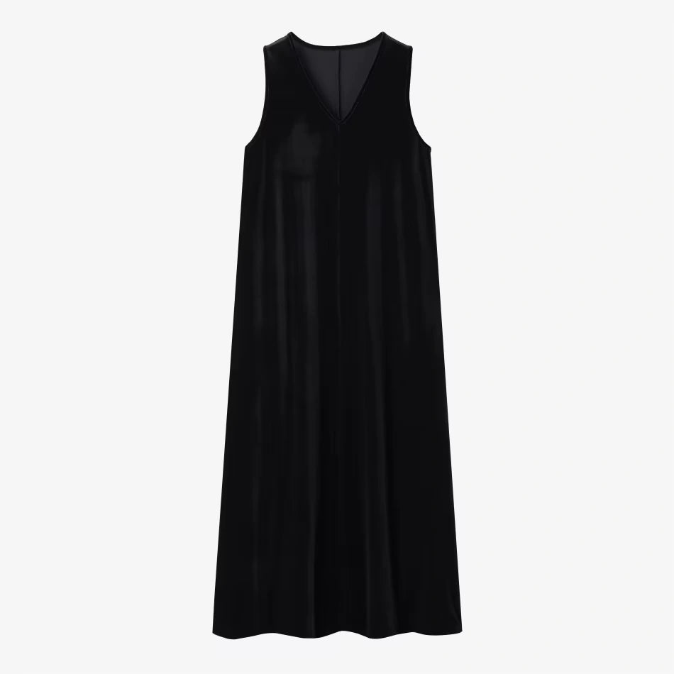 Black velvet midi jumper dress with V neck, sleeveless design, front view — 7 — view 11