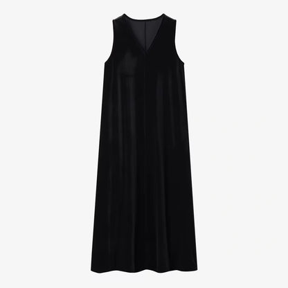 Black velvet midi jumper dress with V neck, sleeveless design, front view — 7 — view 11