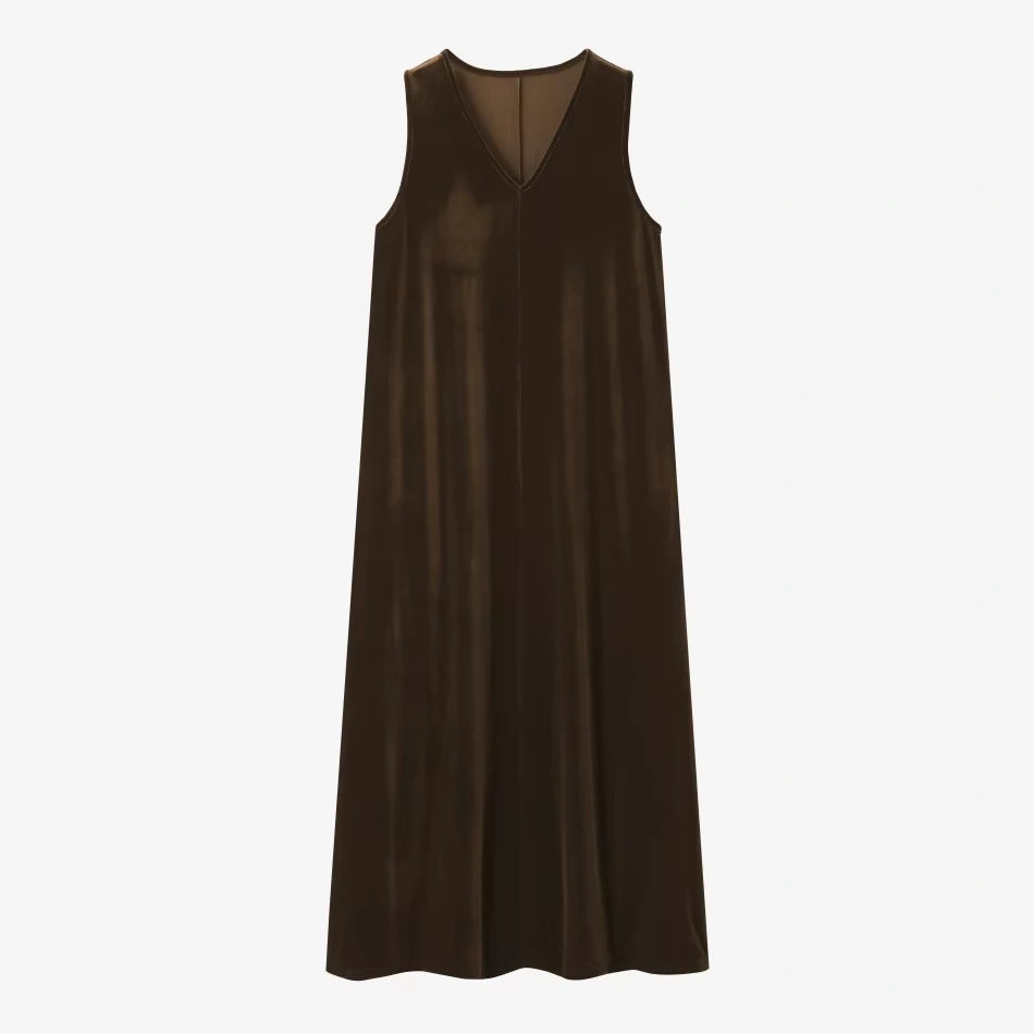 Velvet midi jumper dress with V neck, sleeveless, brown hue, front view — 8 — view 12