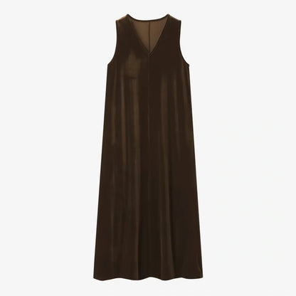 Velvet midi jumper dress with V neck, sleeveless, brown hue, front view — 8 — view 12