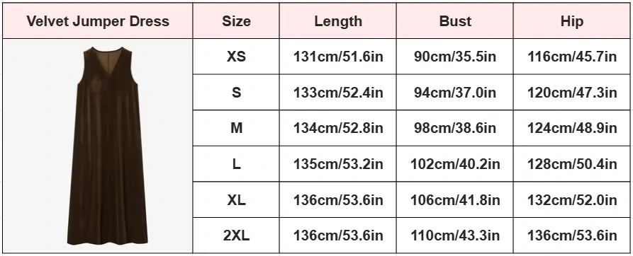 Velvet midi jumper dress with V neck, shown in a detailed size chart — view 13 — view 17