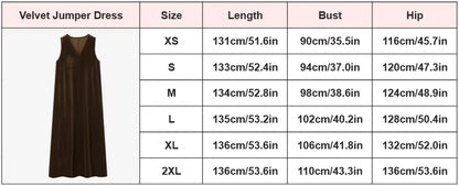 Velvet midi jumper dress with V neck, shown in a detailed size chart — view 13 — view 17