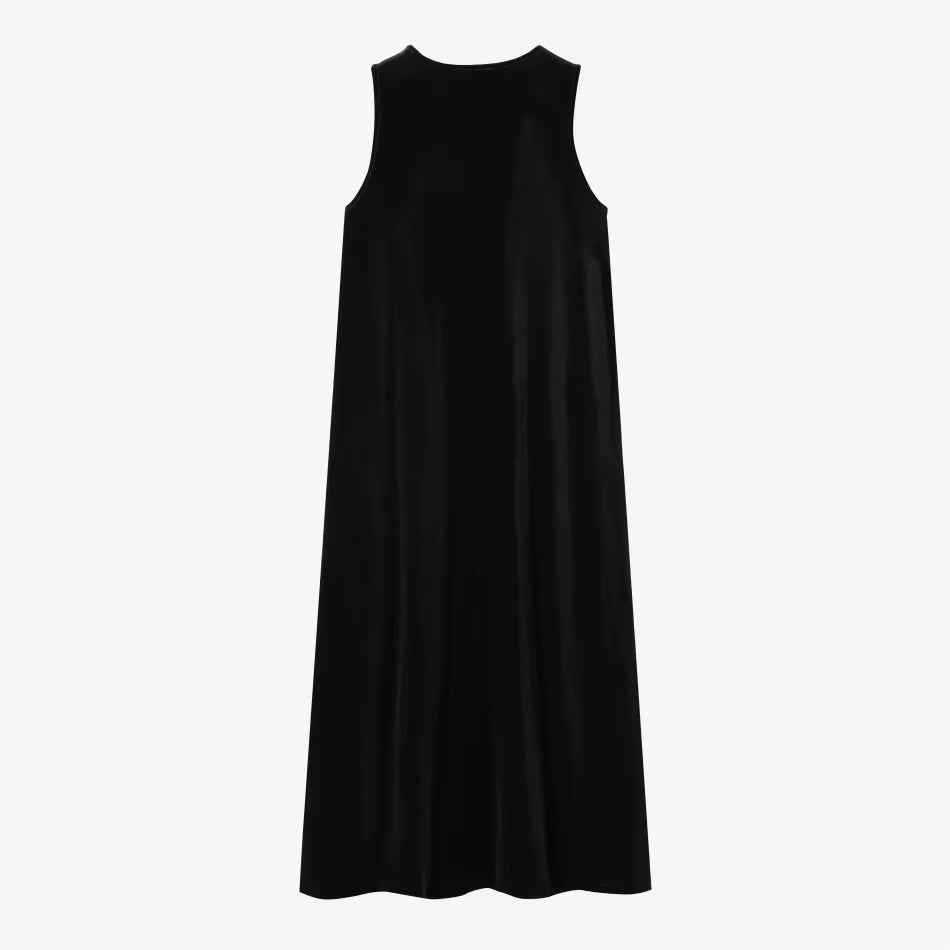 Black velvet midi jumper dress, sleeveless, back view — 14 — view 18