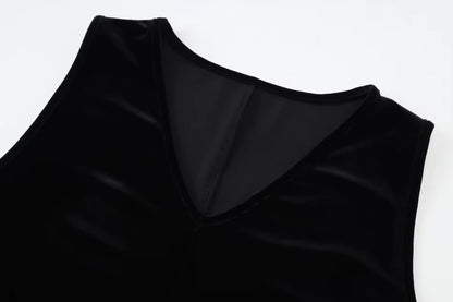 V neck velvet midi jumper dress in black, close up of neckline and fabric texture — view 15 — view 19