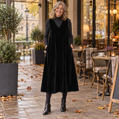 Women's V Neck Velvet Midi Jumper Dress in Black worn by a happy model UK autumn setting — view 2