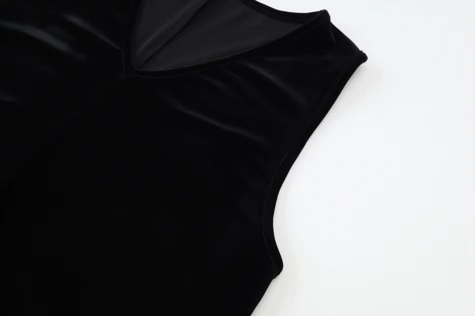 Black velvet V neck midi jumper dress, close up of neckline and fabric texture — view 16 — view 20