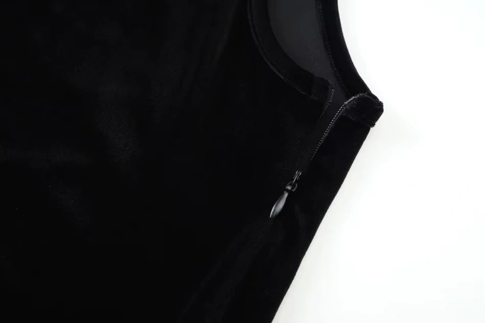 Black velvet fabric detail of women's V neck midi jumper dress, close up view — 17 — view 21