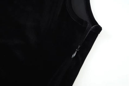 Black velvet fabric detail of women's V neck midi jumper dress, close up view — 17 — view 21